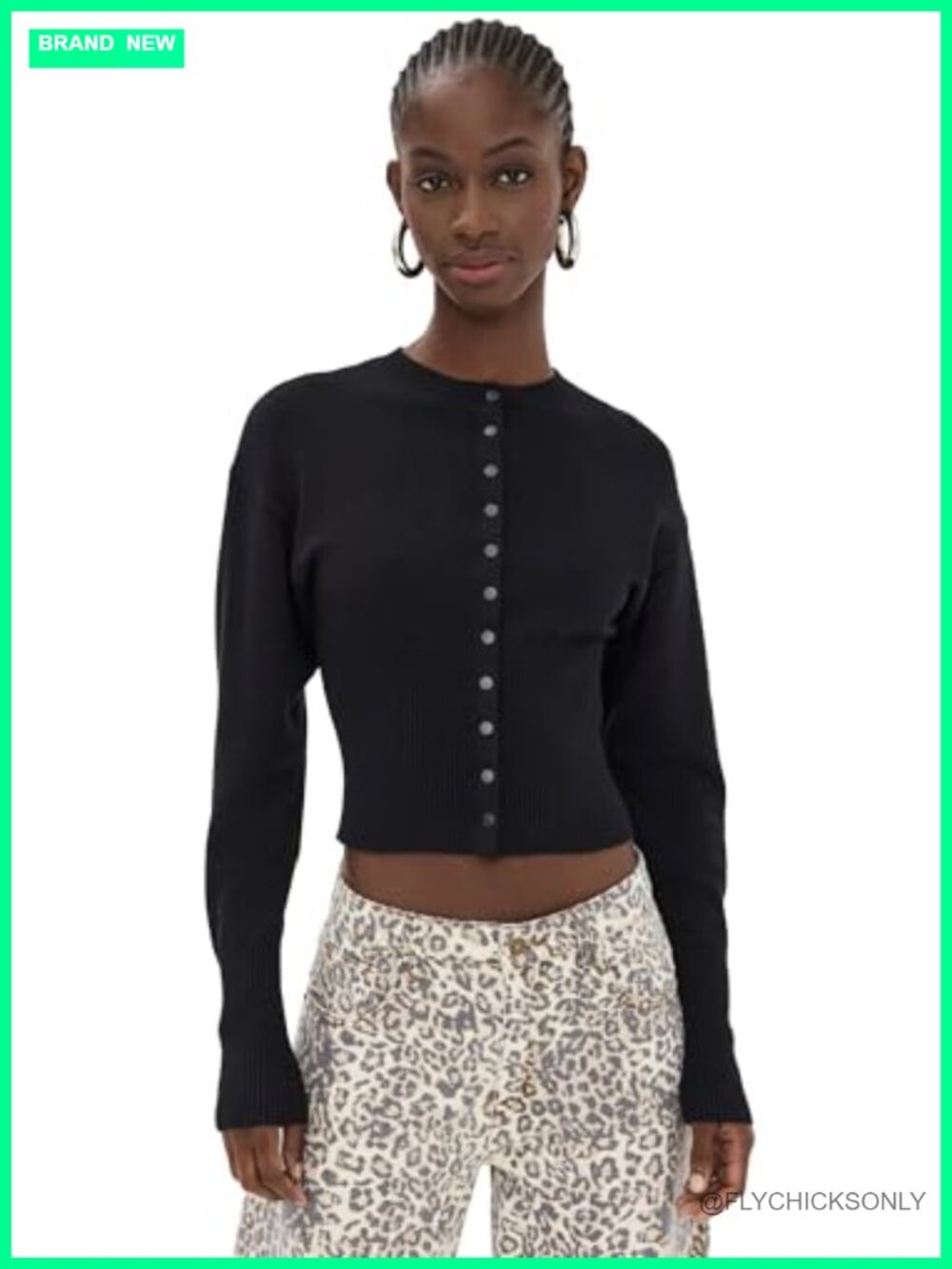 Mid-Weight Knit Cardigan with Snap Cuffs Ribbed Trim Crew Neck